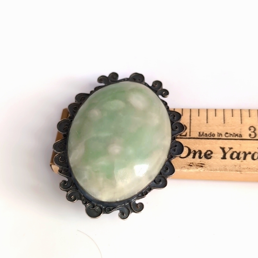 Vintage Sterling Silver Oval Cabochon Green Stone Agate ? Brooch Pin - Mexico - Picture 10 of 11